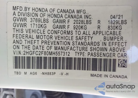 2021 Honda Civic Sport z USA, uszkodzony, nr VIN 2HGFC2F80MH557312